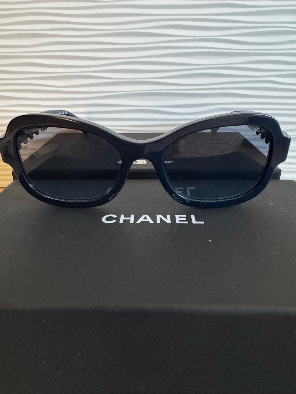 CHANEL Navy Blue Rectangle Sunglasses with Side Leather Touch
